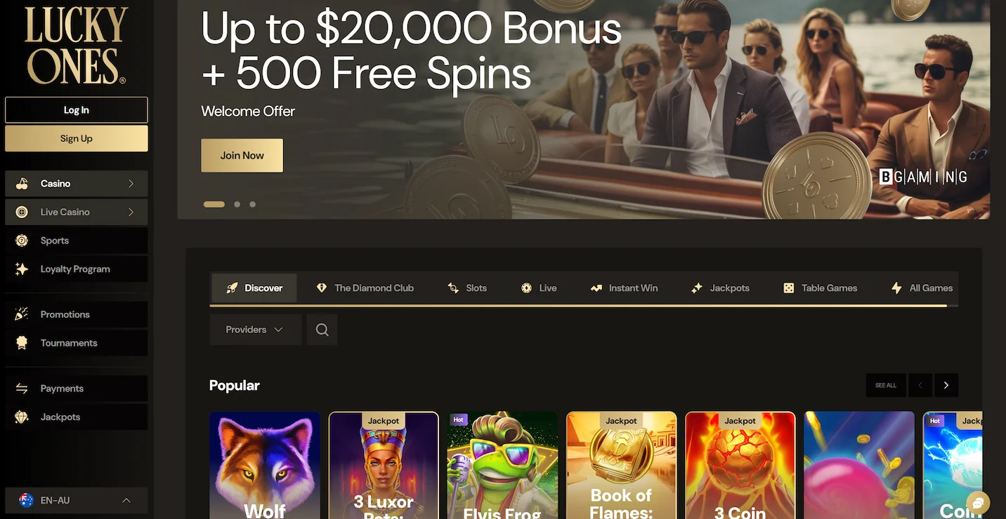 LuckyOnes casino page showing welcome offer, popular online pokies and site main navigation